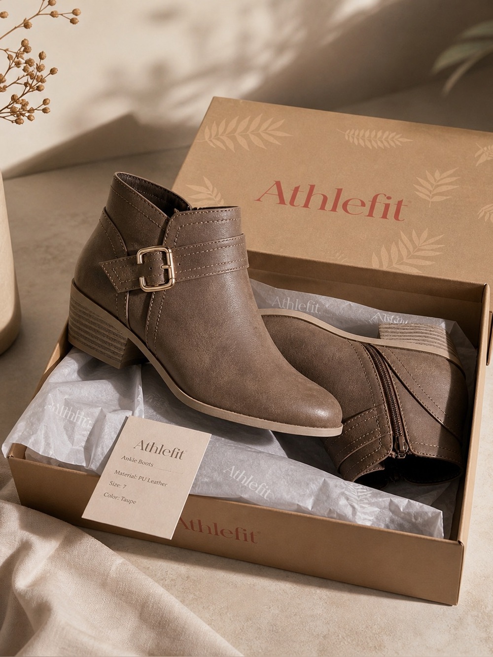 Athlefit Taupe Ankle Boots | Size 7.5 | NEW in Box | Chic Low Heel Booties